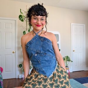 SOLD - Denim patchwork upcycled halter top
